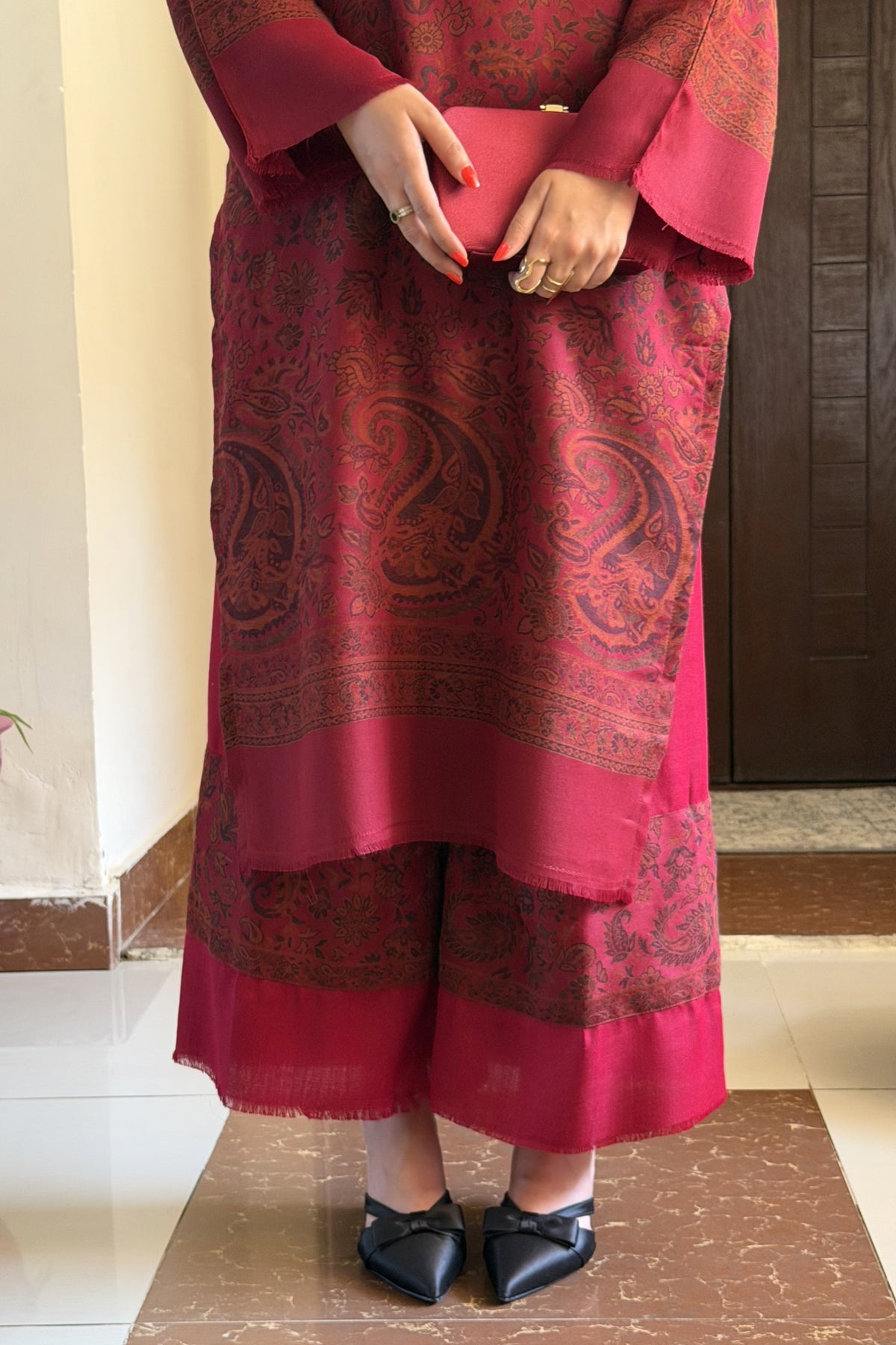 Maroon Artisanal Hand-Woven Kaani Pashmina Mandarin Coord Set