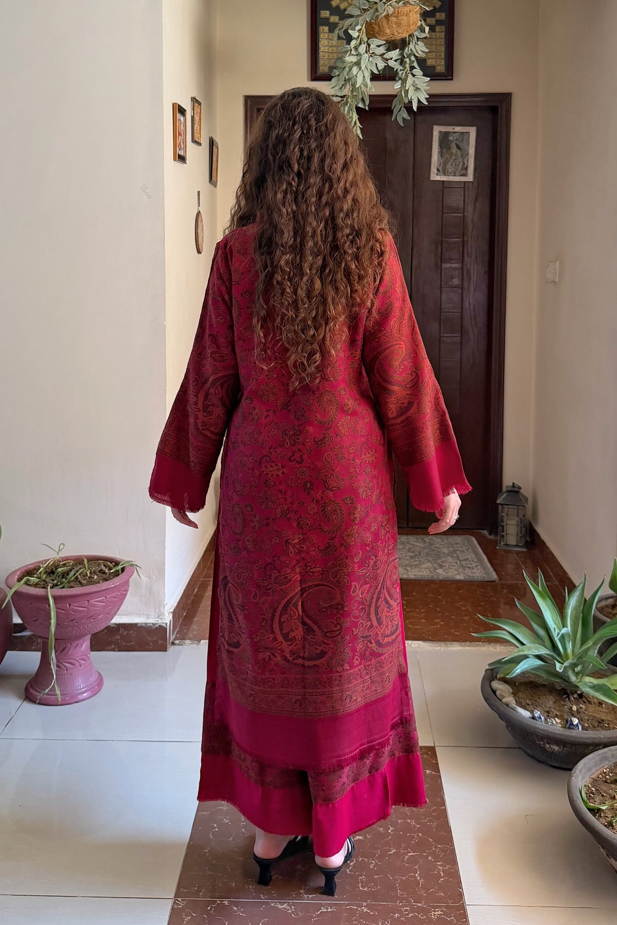 Maroon Artisanal Hand-Woven Kaani Pashmina Mandarin Coord Set