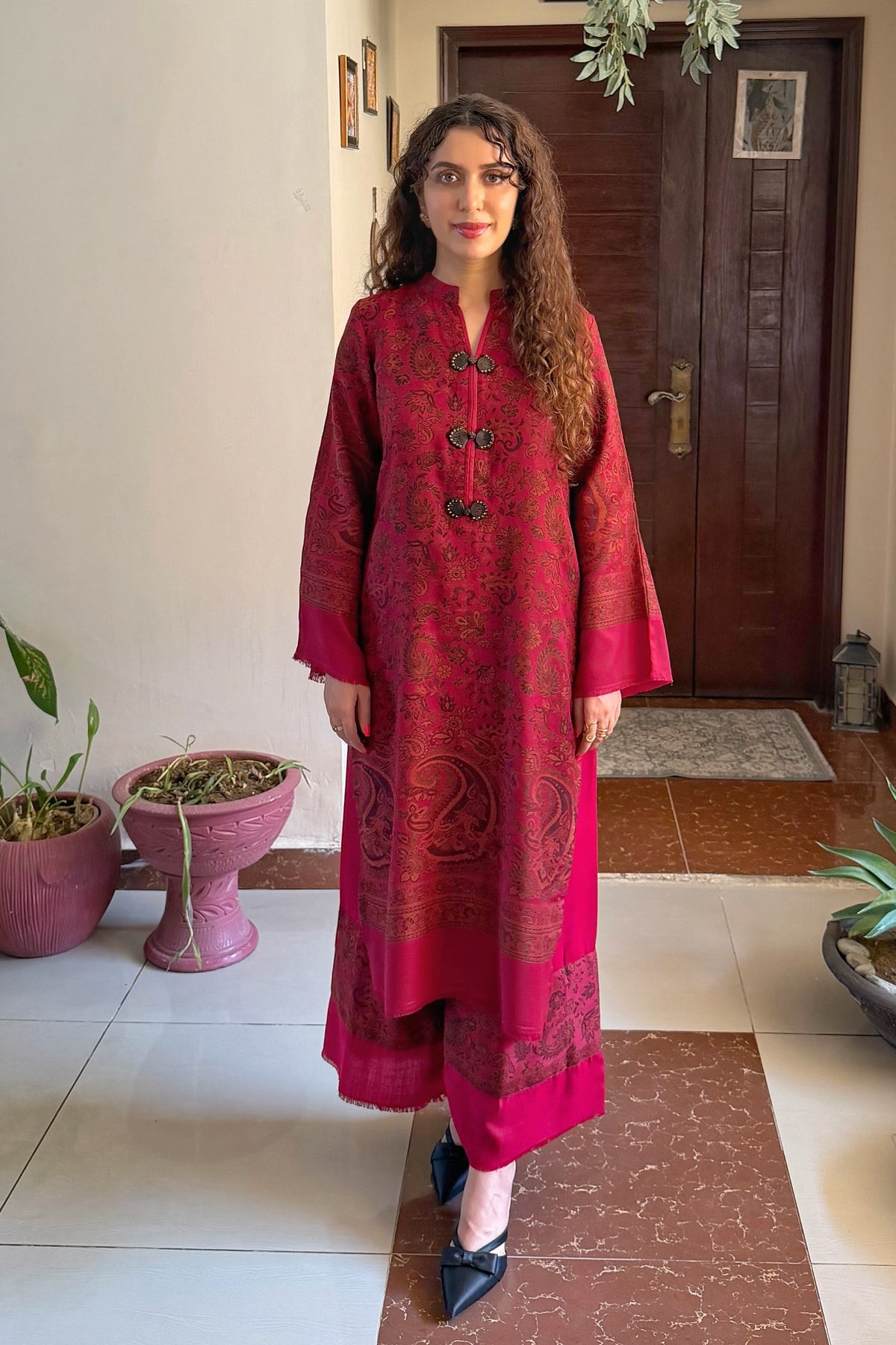 Maroon Artisanal Hand-Woven Kaani Pashmina Mandarin Coord Set