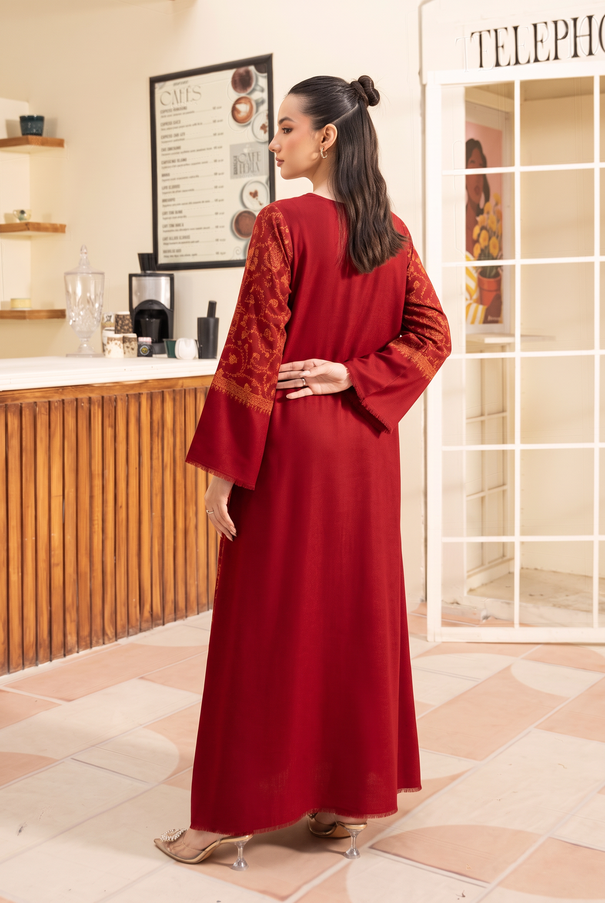 Red Hand Embroidered Pashmina Wool Kaftan Set (with trouser)