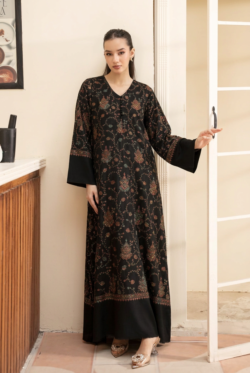 Jet Black Hand Embroidered Royal Pashmina Wool Kaftan Set (with trouser)