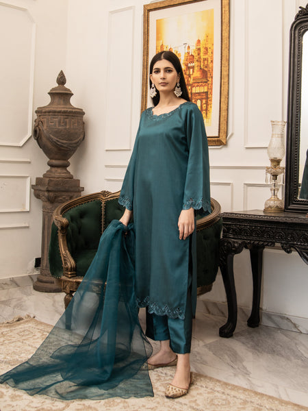 Dark Teal Embroidered Silk 3pc Suit