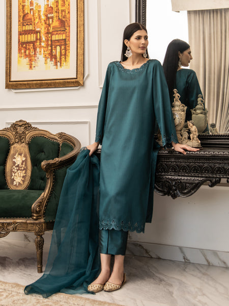 Dark Teal Embroidered Silk 3pc Suit
