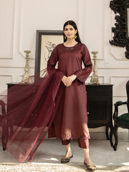 Dark Maroon Embroidered Silk 3pc Suit