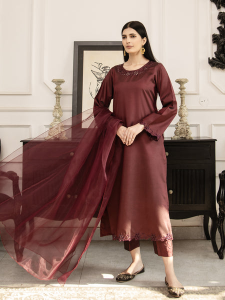 Dark Maroon Embroidered Silk 3pc Suit