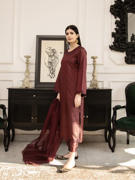 Dark Maroon Embroidered Silk 3pc Suit