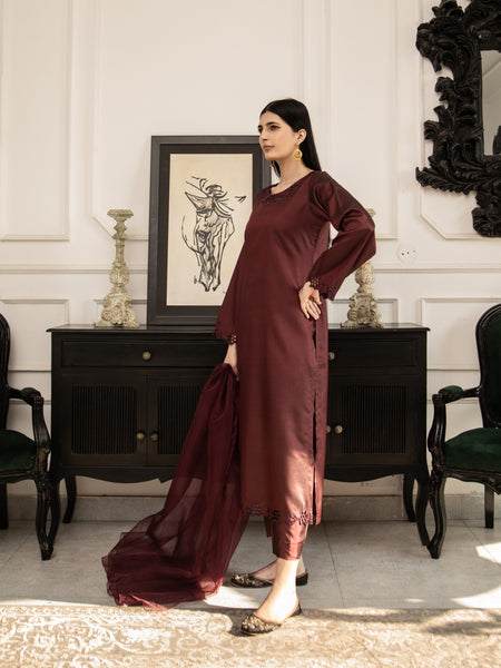 Dark Maroon Embroidered Silk 3pc Suit