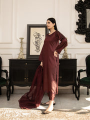 Dark Maroon Embroidered Silk 3pc Suit