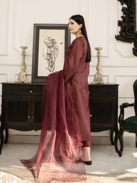 Dark Maroon Embroidered Silk 3pc Suit