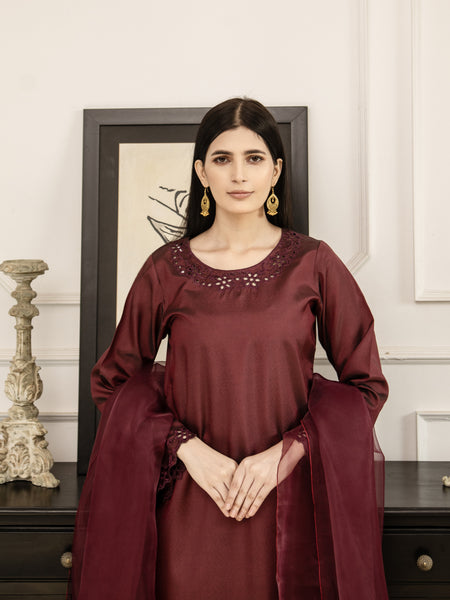 Dark Maroon Embroidered Silk 3pc Suit