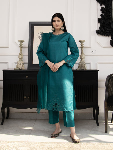 Sea Green Embroidered Raw Silk 3pc Suit