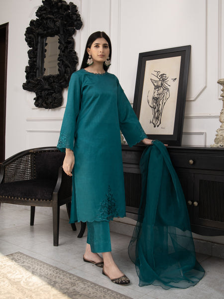 Sea Green Embroidered Raw Silk 3pc Suit