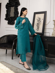 Sea Green Embroidered Raw Silk 3pc Suit