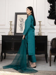 Sea Green Embroidered Raw Silk 3pc Suit