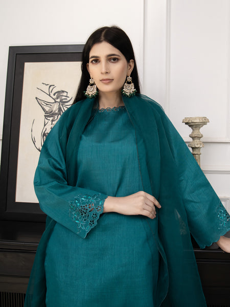 Sea Green Embroidered Raw Silk 3pc Suit