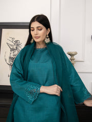 Sea Green Embroidered Raw Silk 3pc Suit