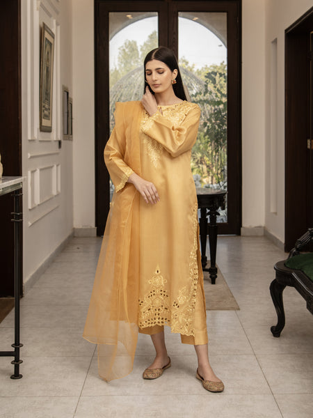 Gold Raw Silk Embroidered 3pc Suit
