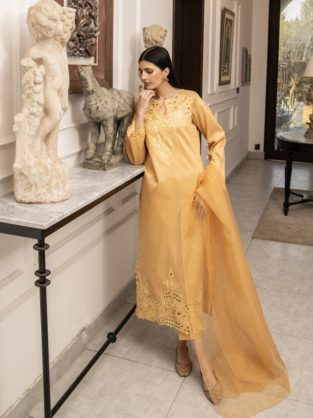Gold Raw Silk Embroidered 3pc Suit