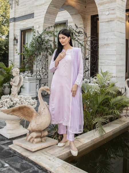 Lilac Embroidered Raw Silk 3pc Suit