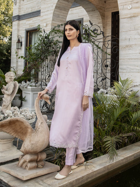 Lilac Embroidered Raw Silk 3pc Suit