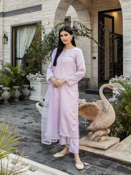 Lilac Embroidered Raw Silk 3pc Suit