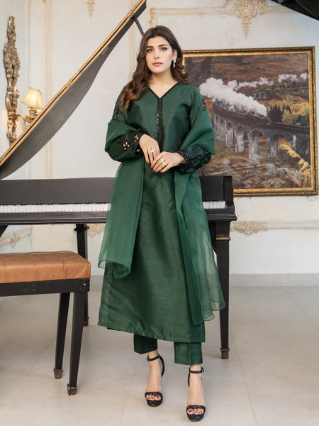 Bottle Green Embroidered Raw Silk 3pc Suit