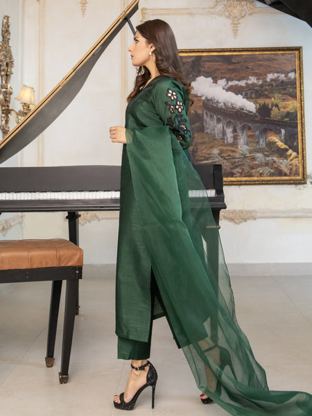 Bottle Green Embroidered Raw Silk 3pc Suit