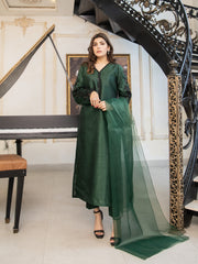 Bottle Green Embroidered Raw Silk 3pc Suit