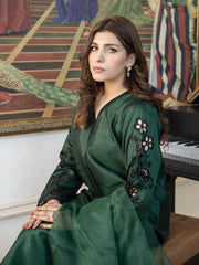 Bottle Green Embroidered Raw Silk 3pc Suit