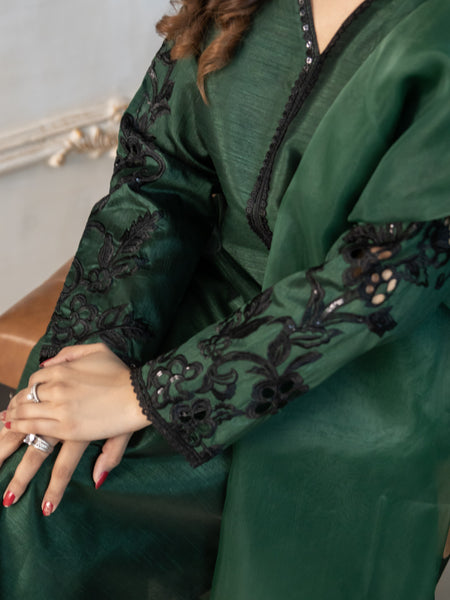 Bottle Green Embroidered Raw Silk 3pc Suit