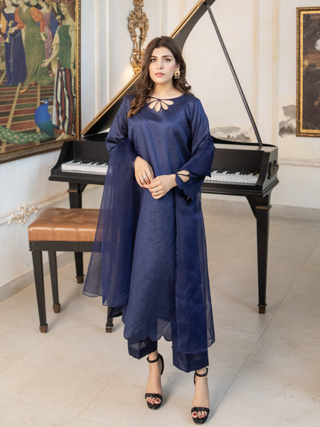 Navy Blue Raw Silk 3pc Suit