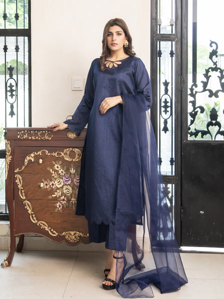 Navy Blue Raw Silk 3pc Suit