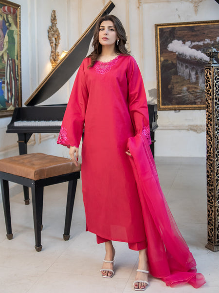 Pink Embroidered Raw Silk 3pc Suit