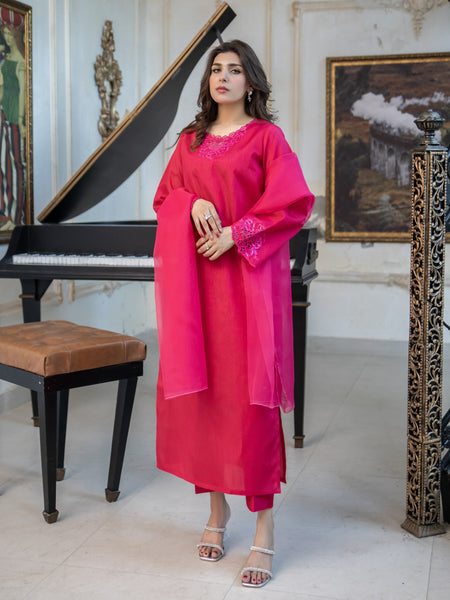 Pink Embroidered Raw Silk 3pc Suit