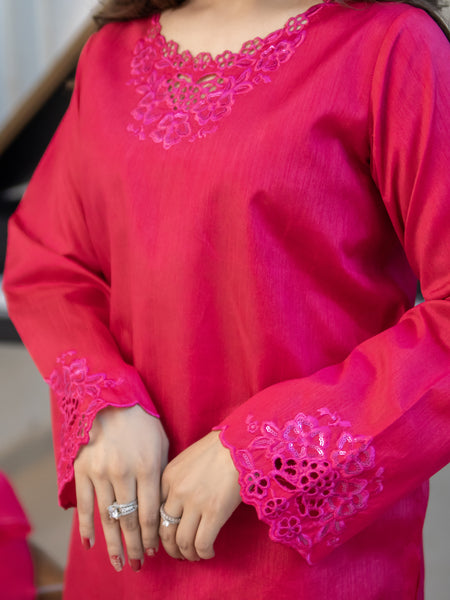 Pink Embroidered Raw Silk 3pc Suit