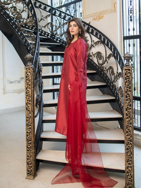 Crimson Maroon Raw Silk 3pc Suit
