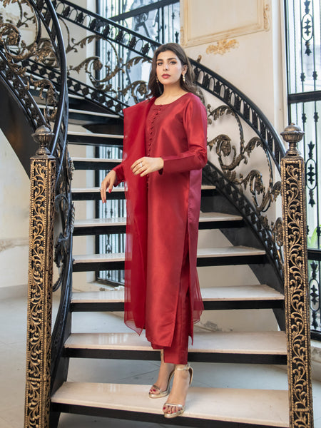 Crimson Maroon Raw Silk 3pc Suit