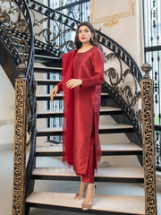 Crimson Maroon Raw Silk 3pc Suit