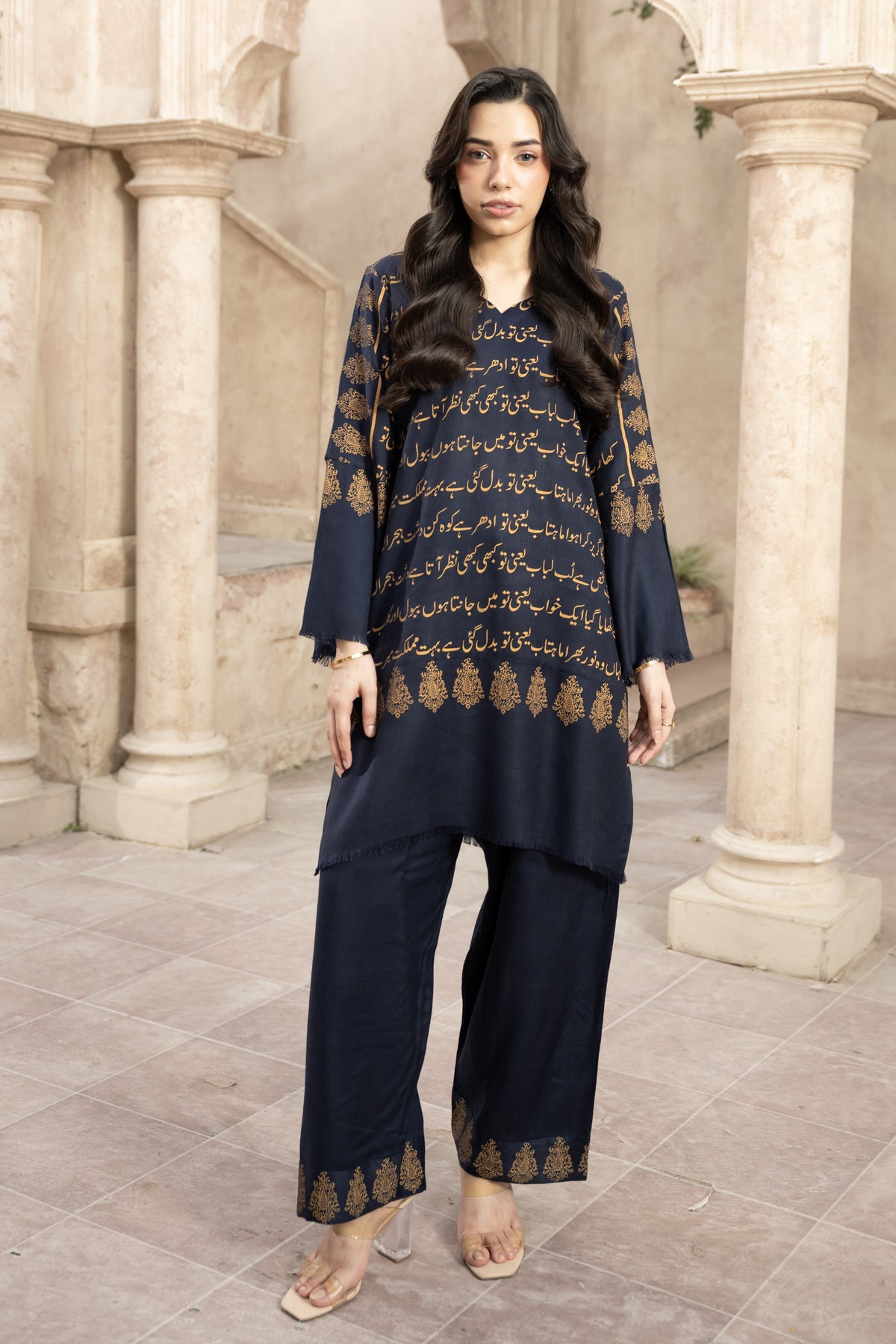 Ghazal Pashmina Wool Shalwar Kameez- Navy Blue