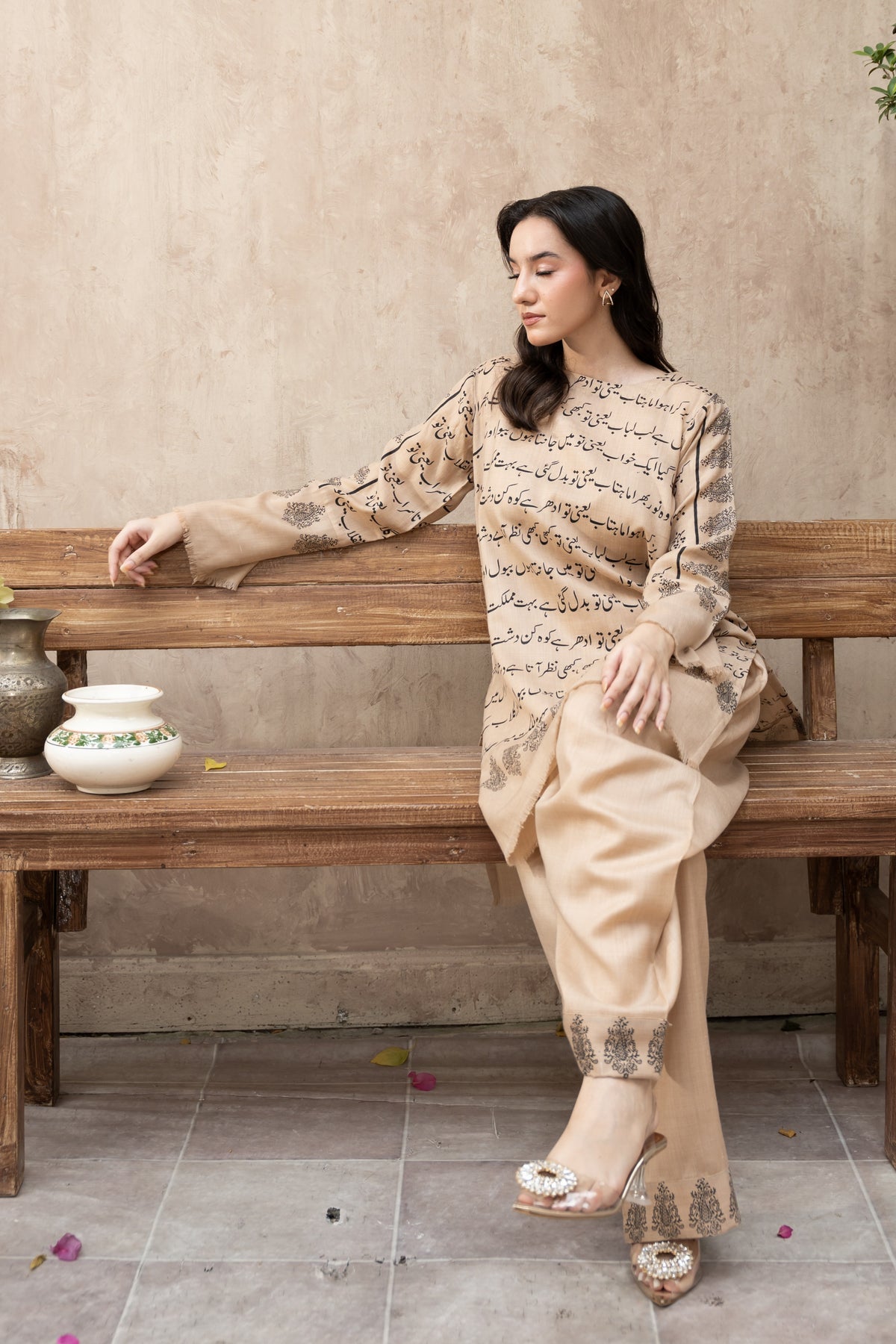 Ghazal Pashmina Wool Shalwar Kameez- Beige