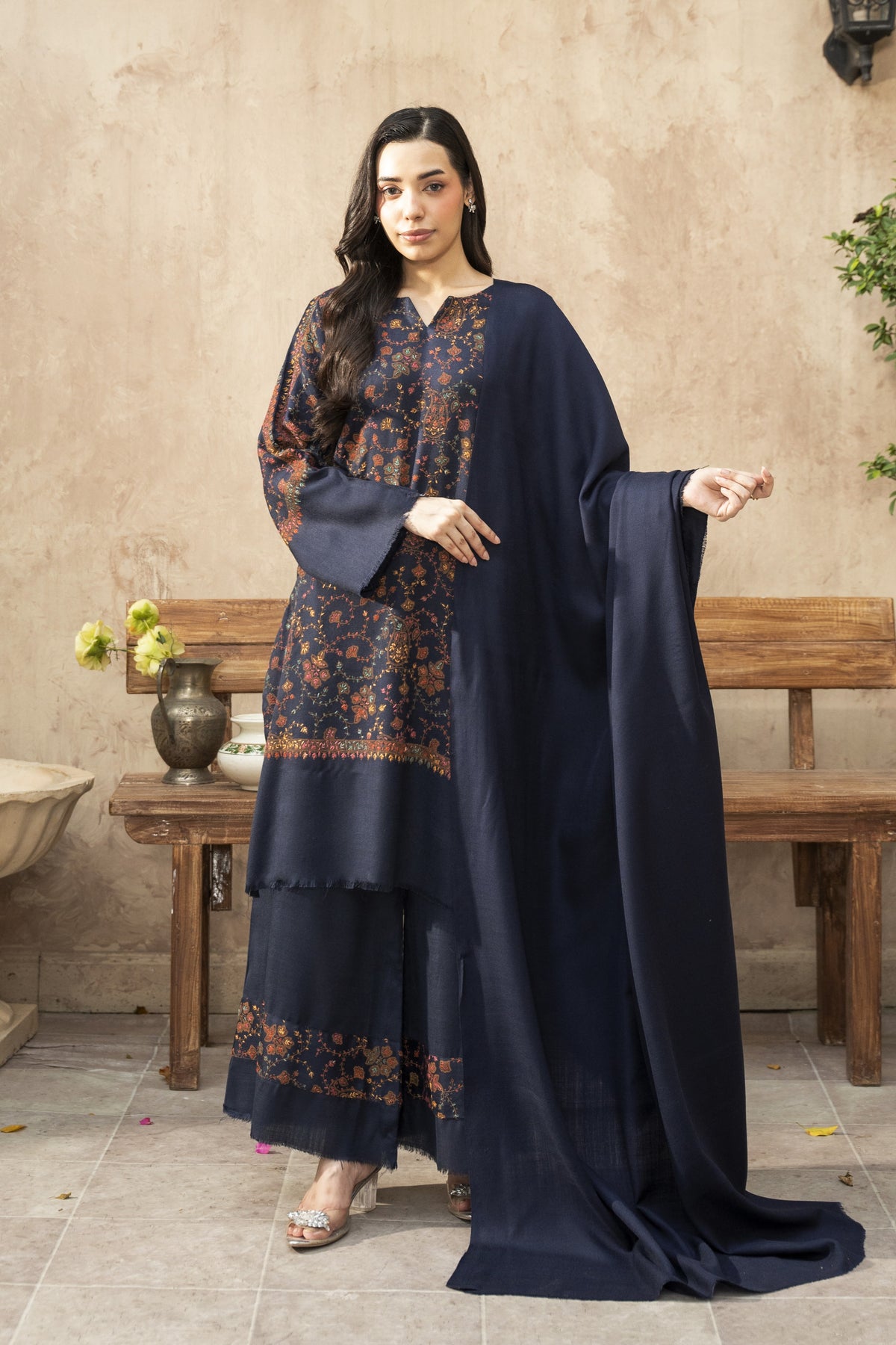 Plain Pashmina Wool Shawl- Navy Blue