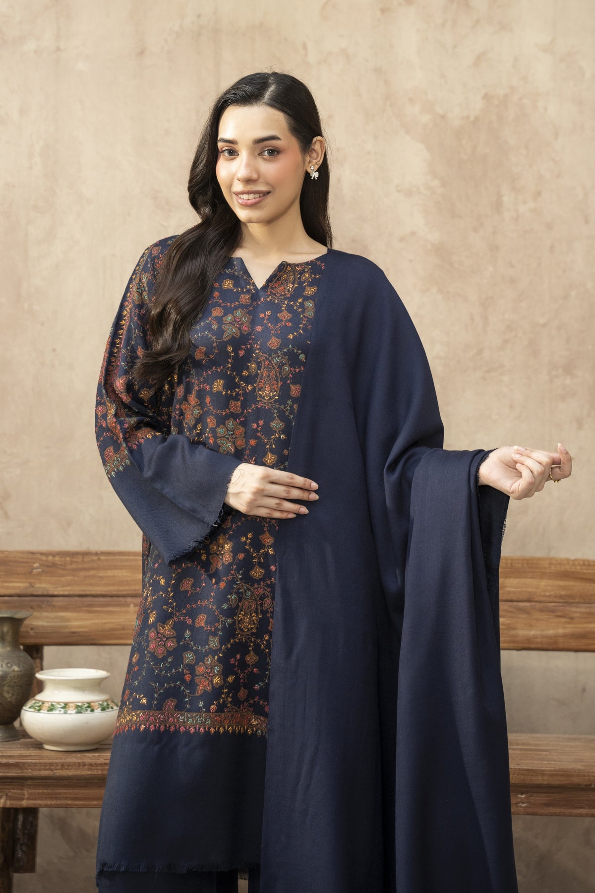 Plain Pashmina Wool Shawl- Navy Blue