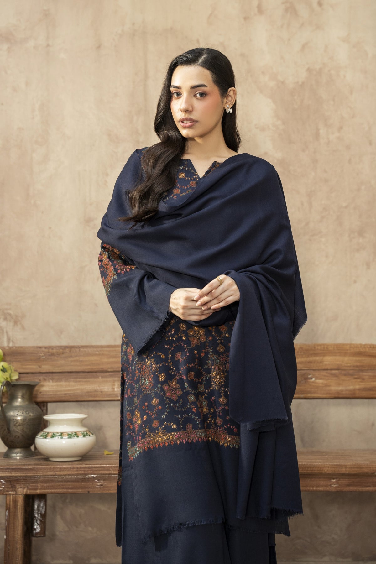 Plain Pashmina Wool Shawl- Navy Blue