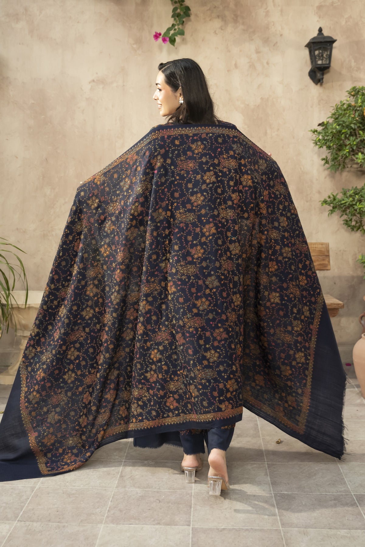 Navy Blue Pashmina Needlework Shawl