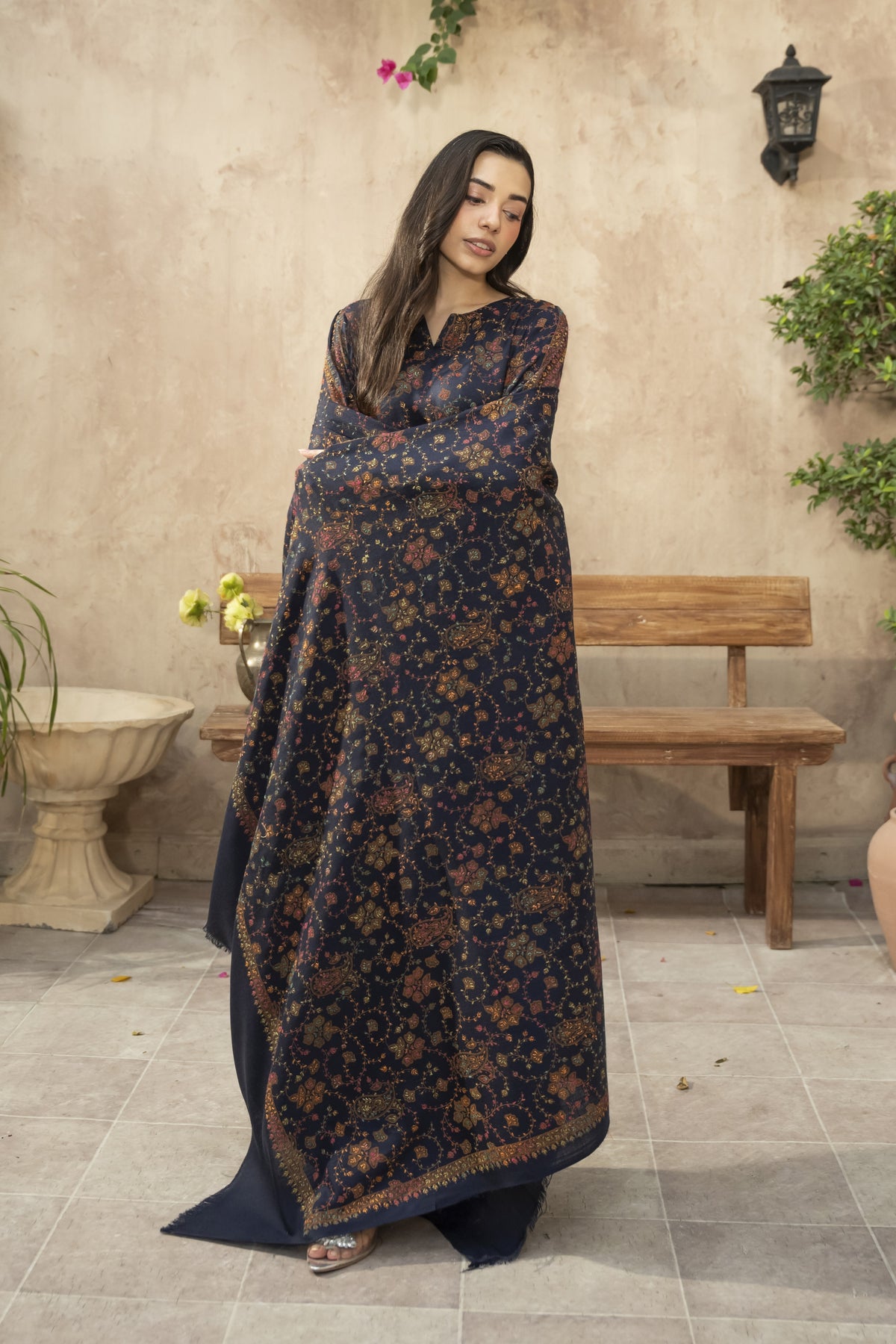 Navy Blue Pashmina Needlework Shawl
