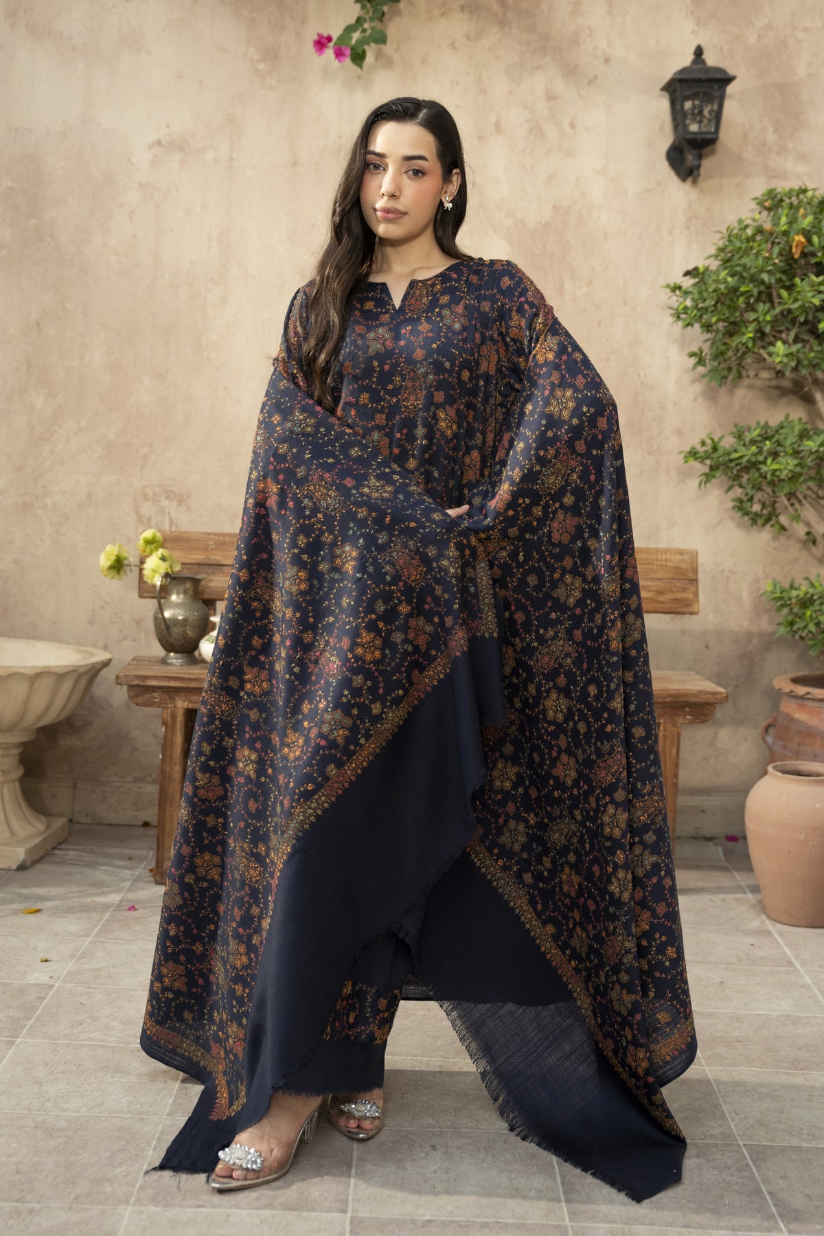 Navy Blue Pashmina Needlework Shawl