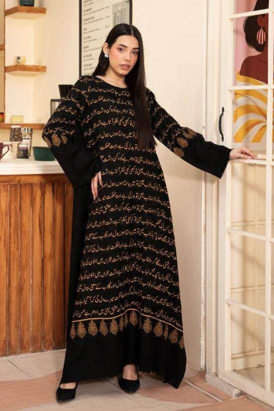 Black Ghazal Pashmina Wool Kaftan Set (With trouser)