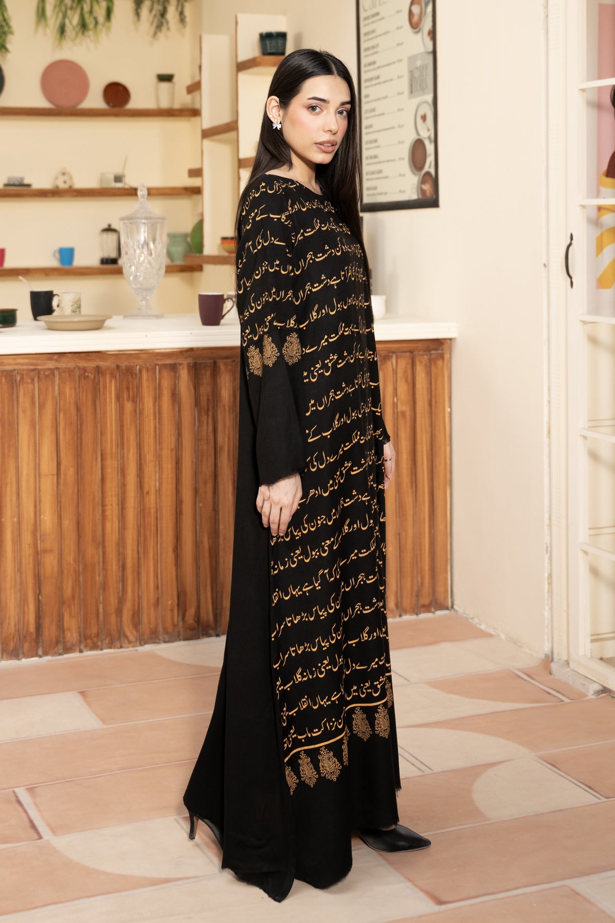 Black Ghazal Pashmina Wool Kaftan Set (With trouser)