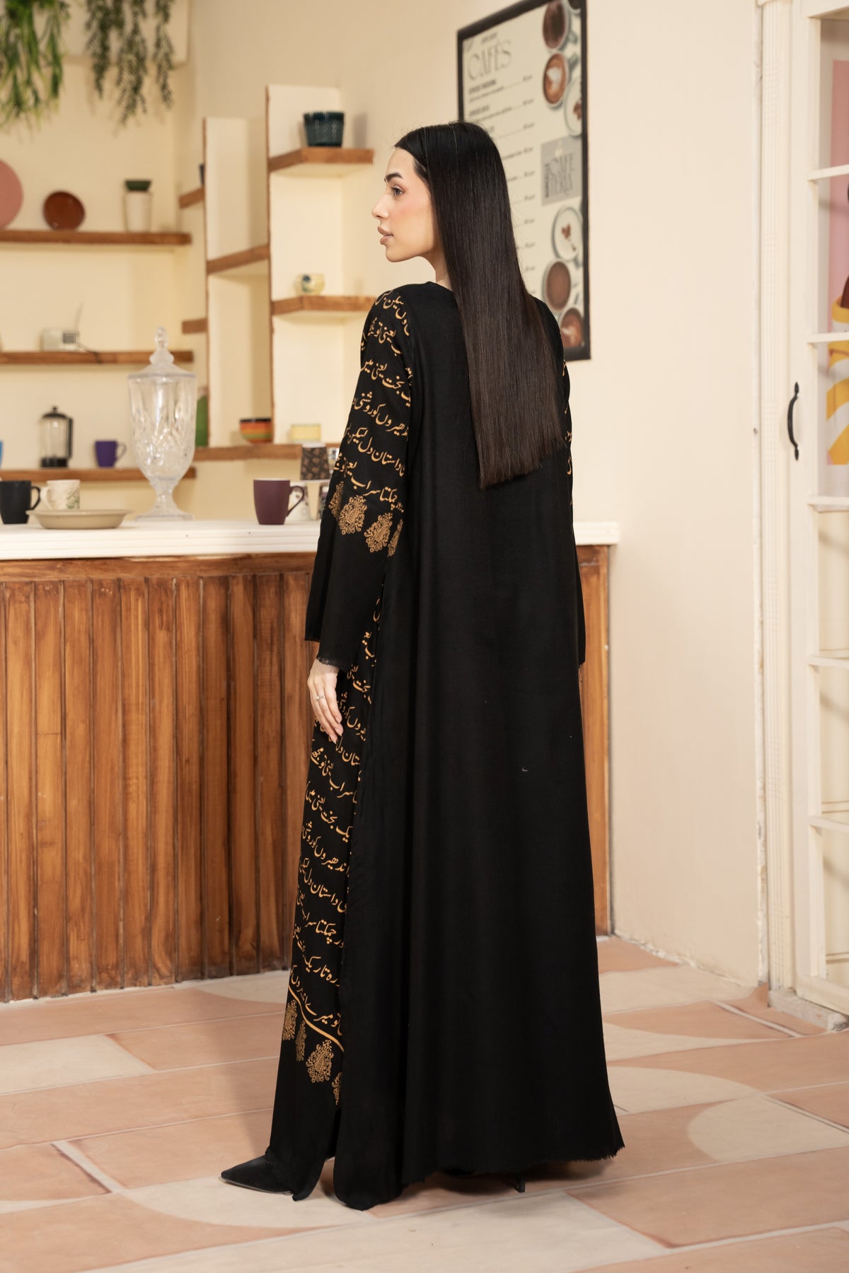 Black Ghazal Pashmina Wool Kaftan Set (With trouser)