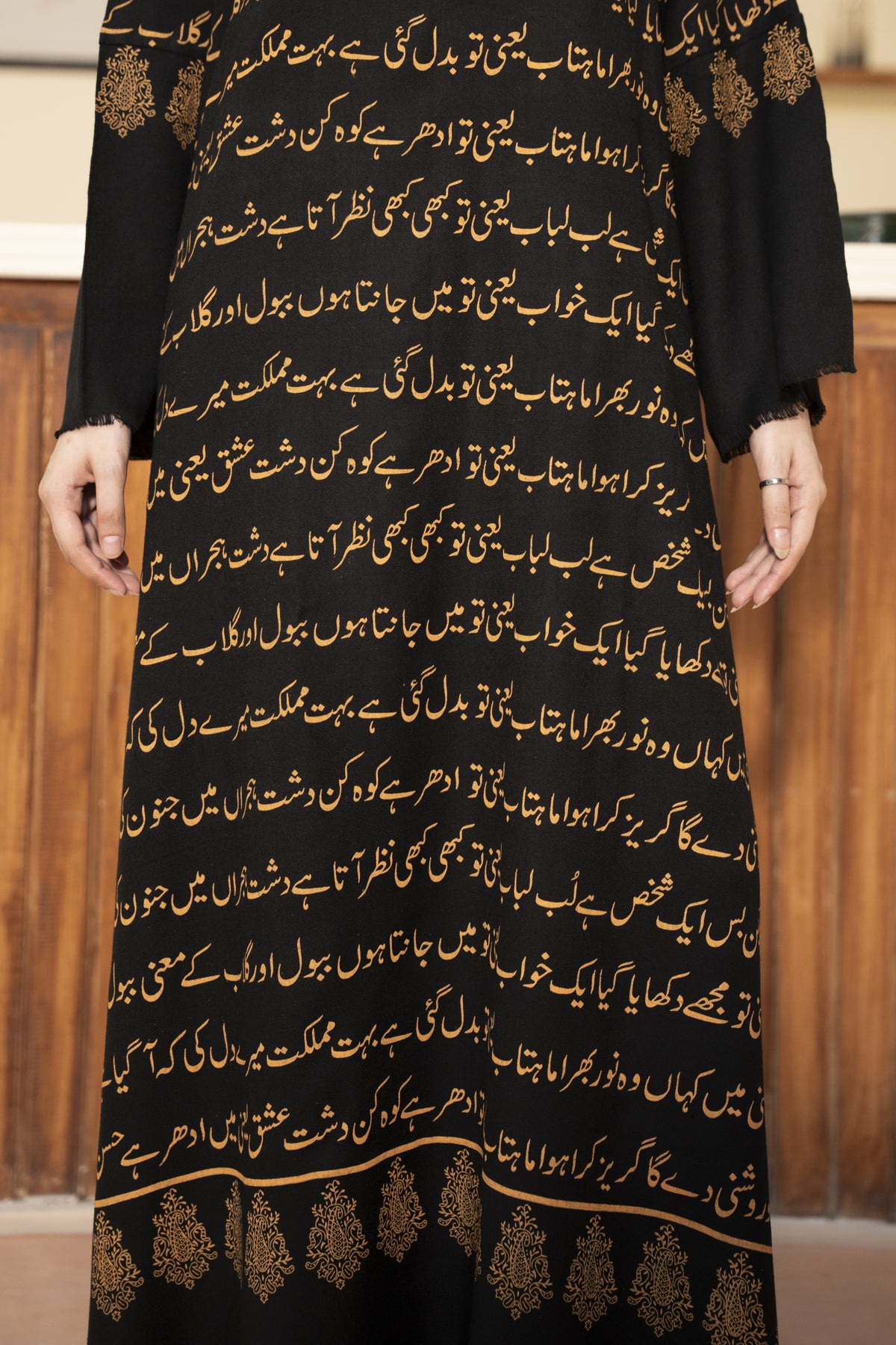 Black Ghazal Pashmina Wool Kaftan Set (With trouser)
